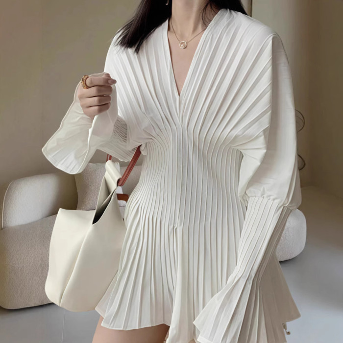 V Neck Flared Sleeve Pleated Waist White Shirt | Spring Summer Daily Casual Top