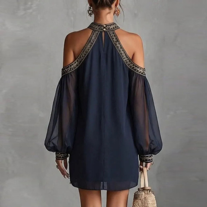 Halter Off Shoulder Embroidery Trim Mini Dress | Beach Club & Boho Holiday Women Outfit
