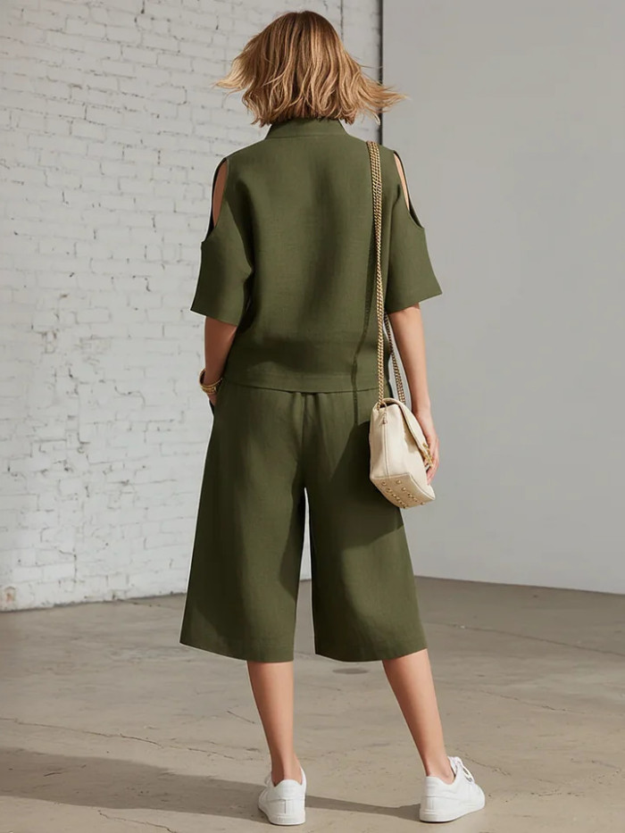 Solid V Neck Zip Short Sleeve Top & Elastic Waist Shorts Set | Daily Vacation Women Outfit