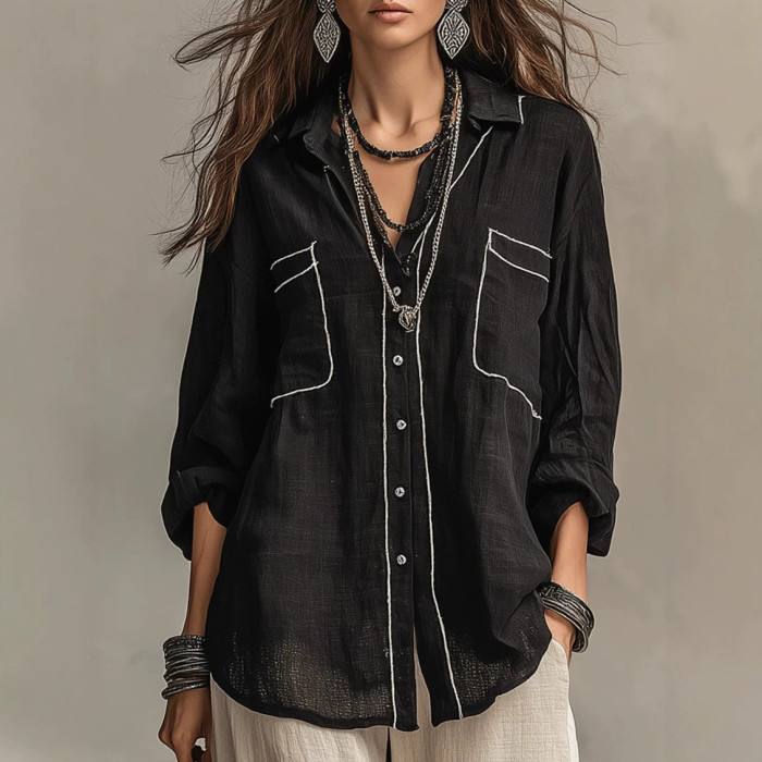 Thin Bright Line Lapel Long Sleeve Oversize Shirt | Vintage Elegant Summer Women Basic Top