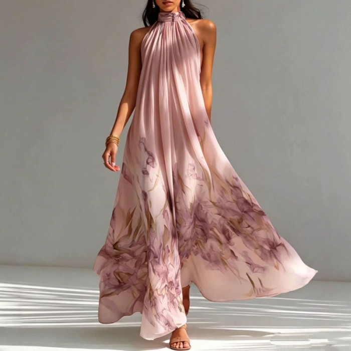 Halter Sleeveless Print Maxi Dress | Beach Resort & Wedding Guest Boho Long Dress