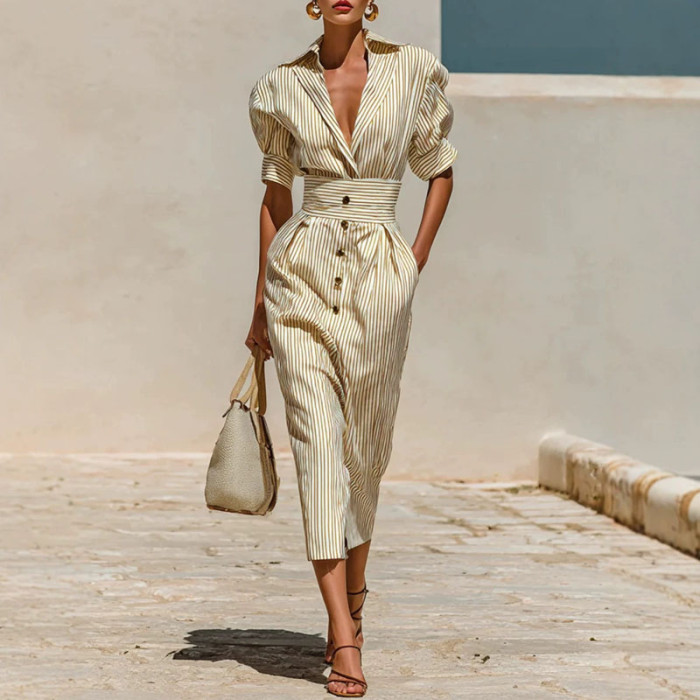 Lapel Deep V Striped Shirt Dress | Office & Summer Holiday Elegant Women Dress