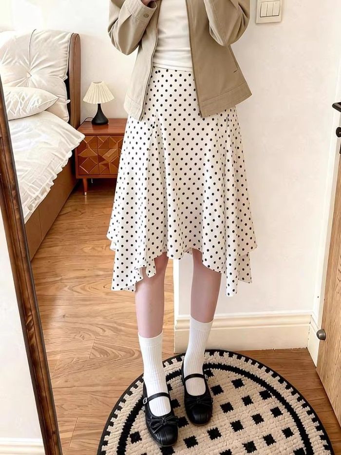 High Waist Irregular Polka Dot Midi Skirt | Spring Summer Retro Casual Women Skirt