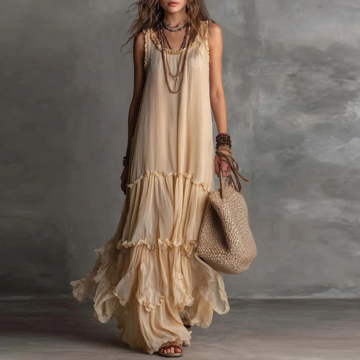 Solid Sweetheart Neck Tiered Ruffle Maxi Dress for Beach Vacations and Holiday Photoshoots