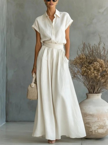 Solid Color Shirt Wide Leg Pants Two-piece Set for Daily Work and Weekend Outings