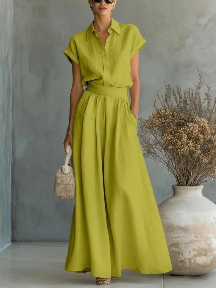 Solid Color Shirt Wide Leg Pants Two-piece Set for Daily Work and Weekend Outings