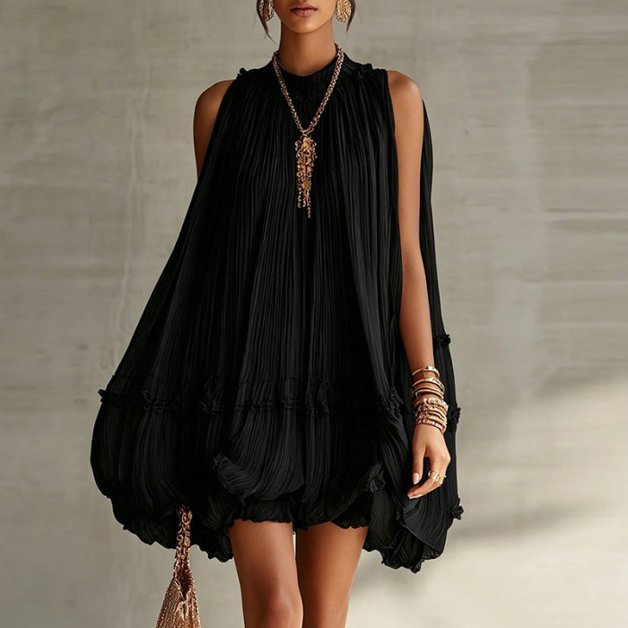 Plain Pleated Resort Mini Dress with Ruffle Details for Poolside Parties and City Strolls