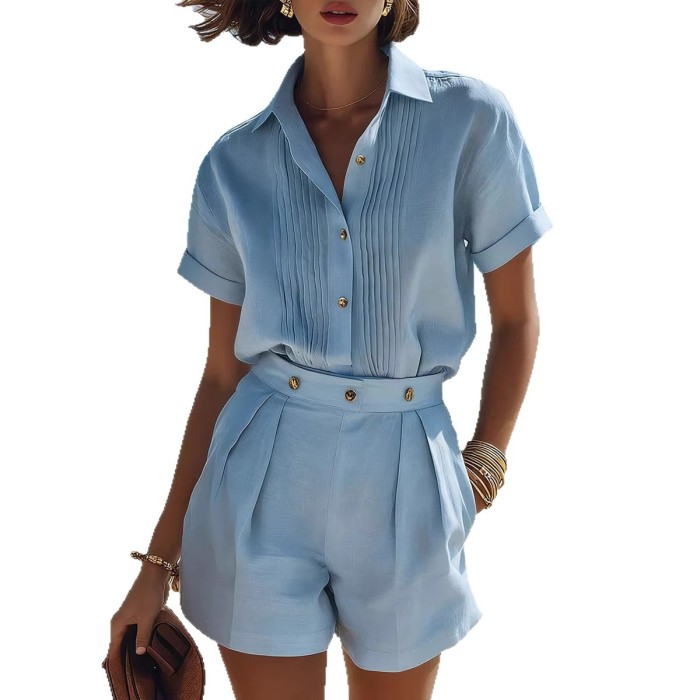 V-neck Lapel Pleated Shirt & Casual Shorts Two Piece Set | Loose High Street Summer Women Daily Outfit