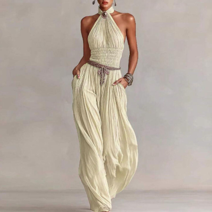 Pleated Wide Leg Boho Jumpsuit for Weekend Outings and Small Friend Gatherings