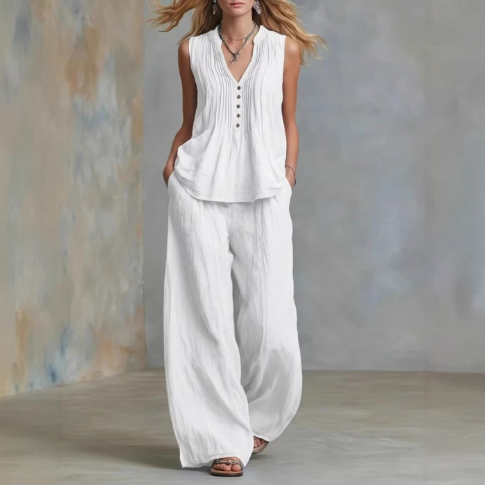 V-Neck Sleeveless Vest & Elastic Waist Pants Two Piece Summer Outfit