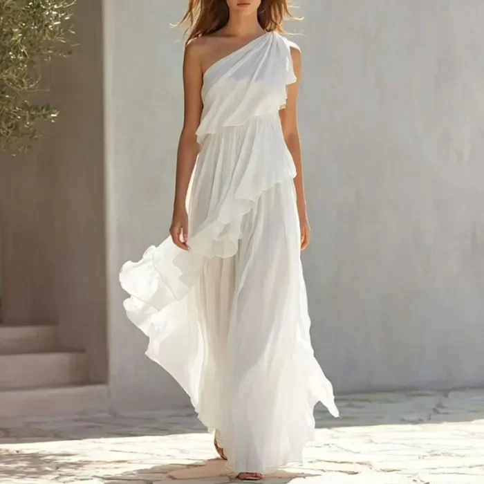 Tiered Ruffle Elegant Formal Dress for Beach Weddings and Banquet Occasions