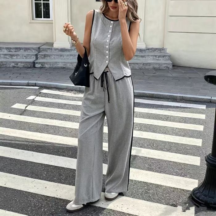 Solid Sleeveless V Neck Vest & High Waist Loose Pants Two Piece Set | Office & Street Summer Women Outfit