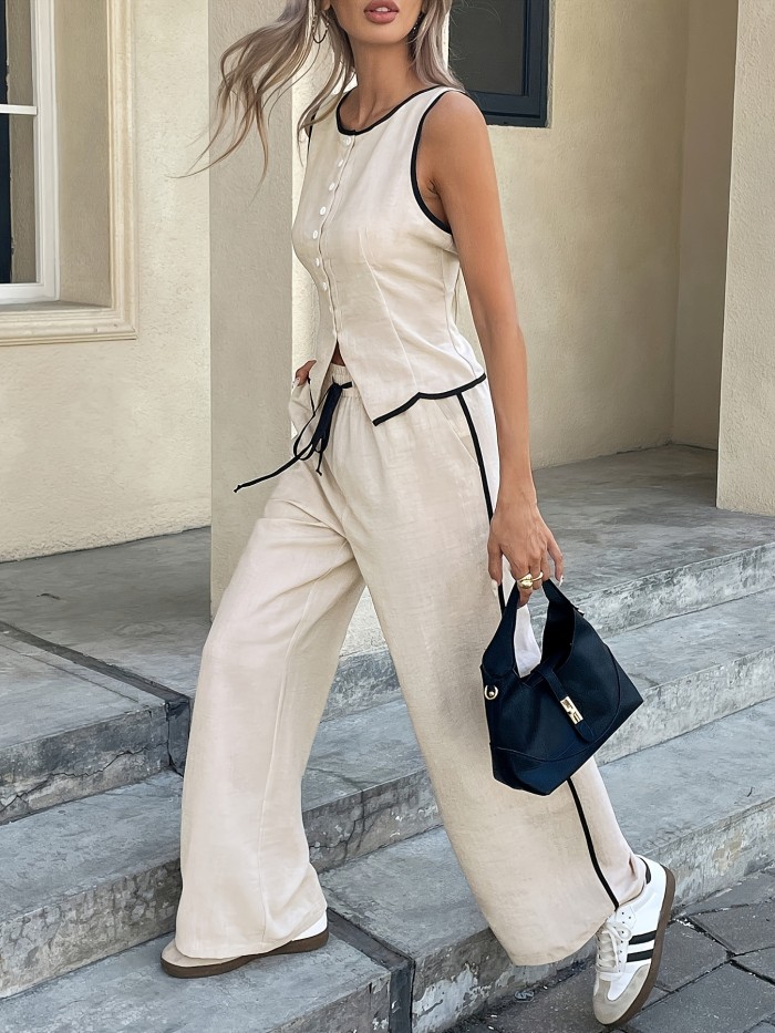 Solid Sleeveless V Neck Vest & High Waist Loose Pants Two Piece Set | Office & Street Summer Women Outfit
