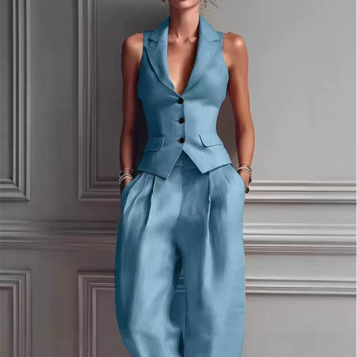Sleeveless Single Breasted Vest & Trousers Two Piece Suit | Elegant Summer Women Matching Outfit