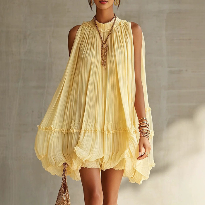 Plain Pleated Resort Mini Dress with Ruffle Details for Poolside Parties and City Strolls