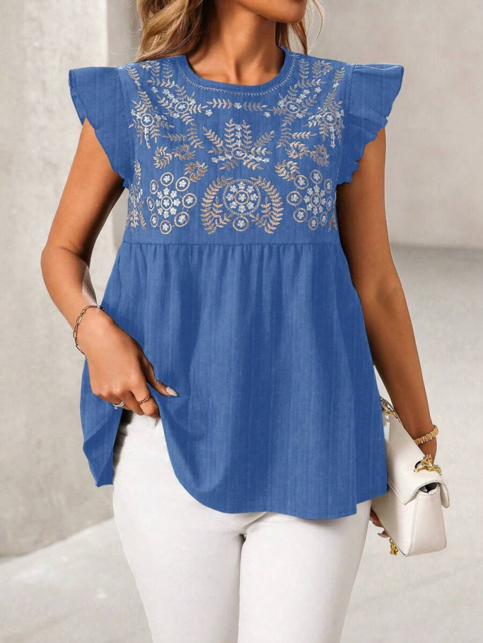 O Neck Embroidery Jacquard Solid Shirt | Elegant Casual Vacation Women Summer Top