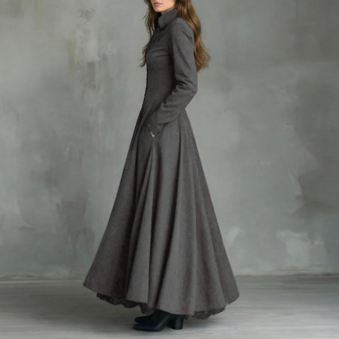 French Retro Turn-Down Collar Suede Lace High Waist Long Sleeve Maxi Swing Dress | Elegant Boho Women Outfit