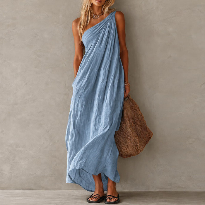 Elegant Flowy One Shoulder Boho Maxi Dress for Sightseeing Trips and Daily Streetwear