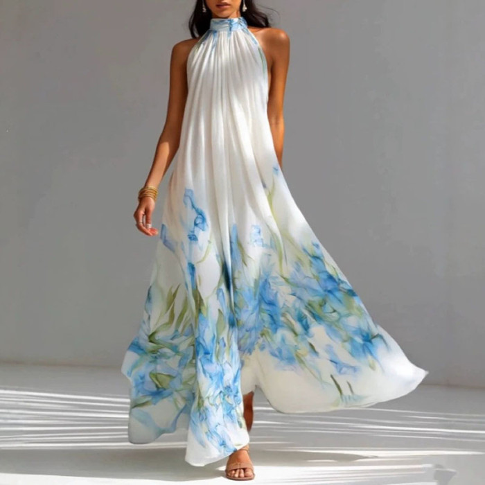 Halter Sleeveless Print Maxi Dress | Beach Resort & Wedding Guest Boho Long Dress