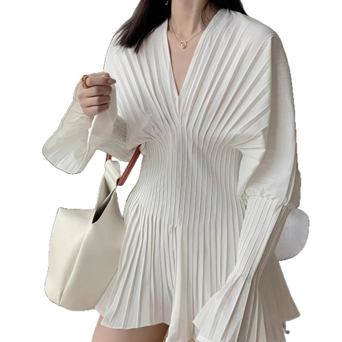 V Neck Flared Sleeve Pleated Waist White Shirt | Spring Summer Daily Casual Top