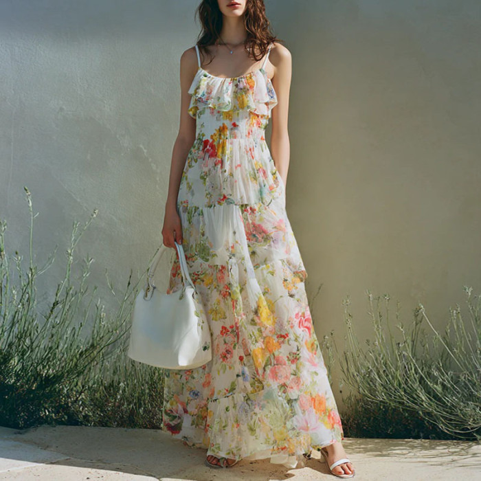 Spaghetti Strap Ruffle Tiered Floral Maxi Dress | Beach Vacation & Wedding Guest Boho Dress