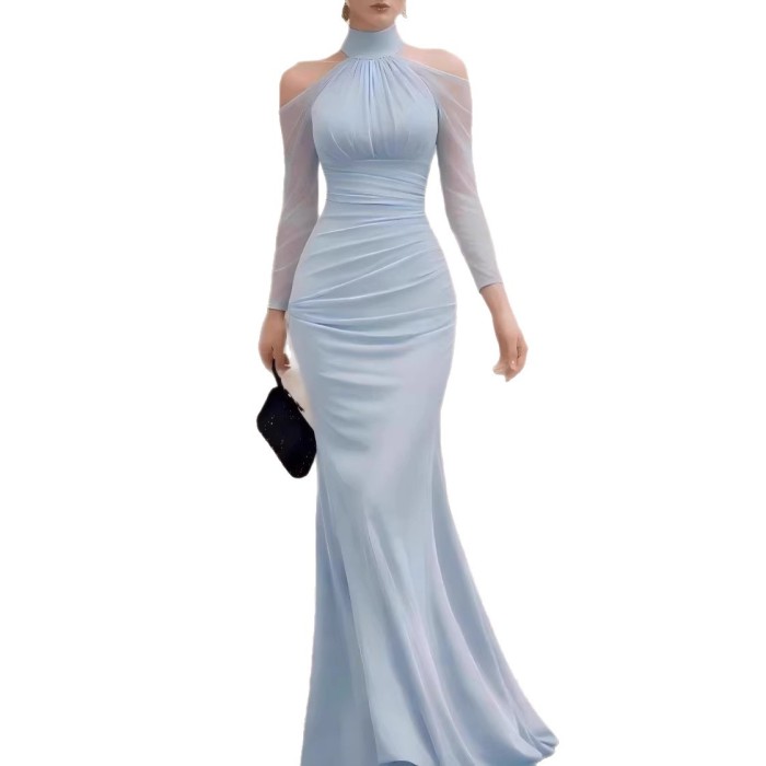 Halter Neck Sheer Shoulder Floor-Length Maxi Dress | Women Spring Summer Evening Party Gown