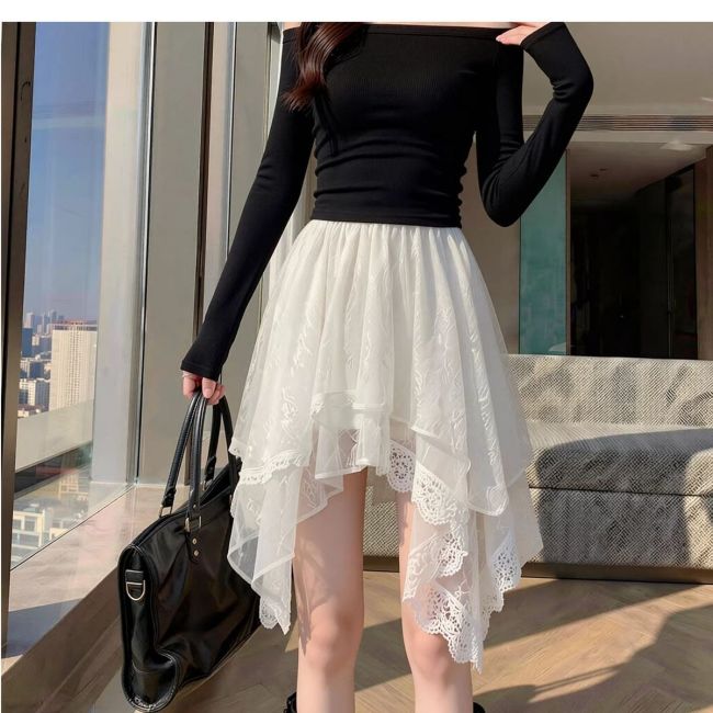 High Waist A-Line Lace Irregular Midi Skirt | Spring Daily Women Skirt