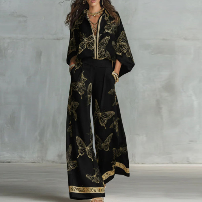 Butterfly Print Lapel Shirt Wide Leg Pants Two Piece Set for Holiday Sightseeing and City Strolls