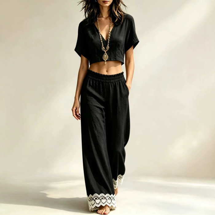 Lace Crop Top & Split Long Pants Two Piece Set | Casual Holiday Women Matching Outfit