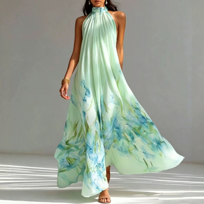 Halter Sleeveless Print Maxi Dress | Beach Resort & Wedding Guest Boho Long Dress