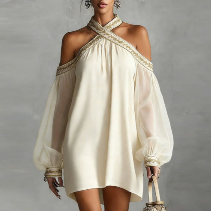 Halter Off Shoulder Embroidery Trim Mini Dress | Beach Club & Boho Holiday Women Outfit