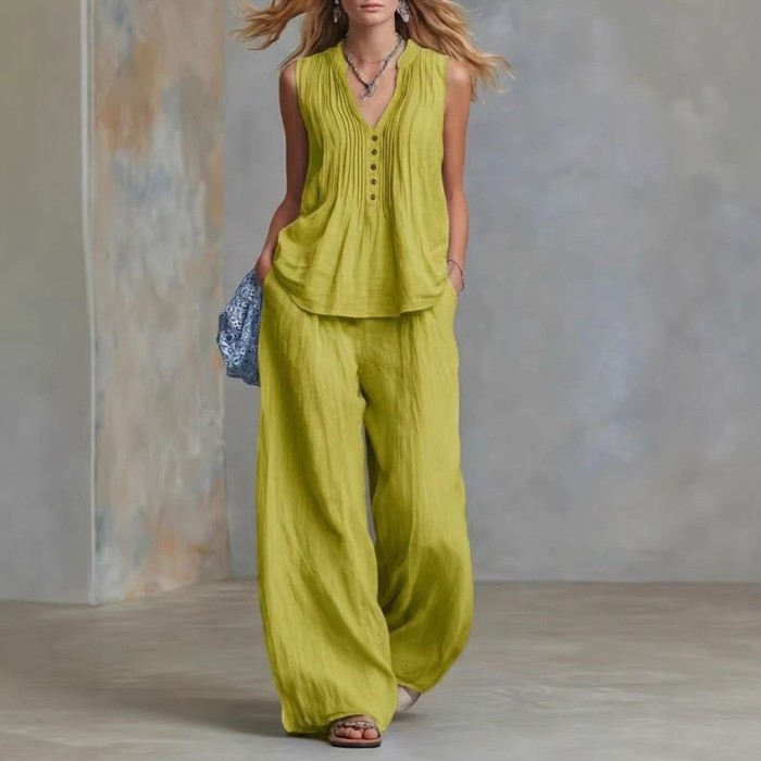 V-Neck Sleeveless Vest & Elastic Waist Pants Two Piece Summer Outfit