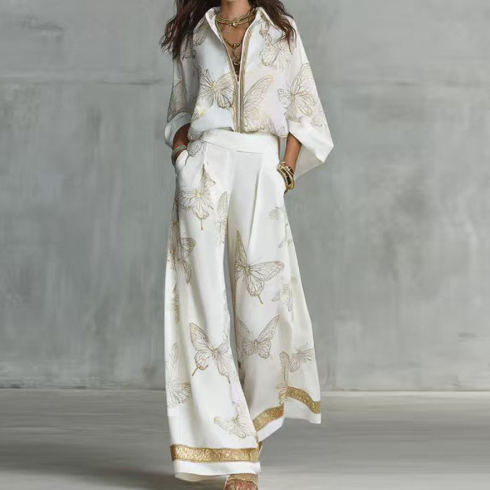 Butterfly Print Lapel Shirt Wide Leg Pants Two Piece Set for Holiday Sightseeing and City Strolls