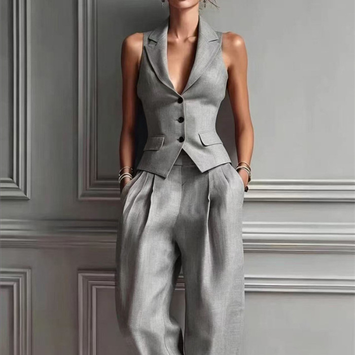 Sleeveless Single Breasted Vest & Trousers Two Piece Suit | Elegant Summer Women Matching Outfit