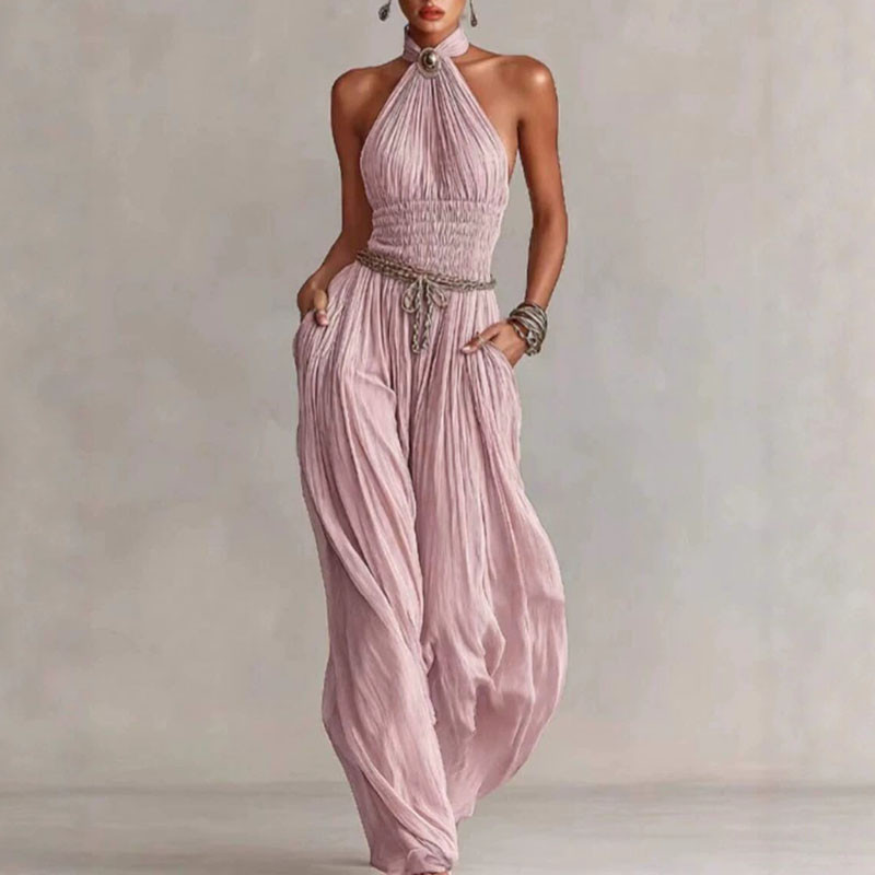 Pleated Wide Leg Boho Jumpsuit for Weekend Outings and Small Friend Gatherings