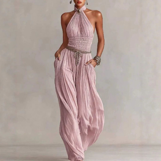 Pleated Wide Leg Boho Jumpsuit for Weekend Outings and Small Friend Gatherings