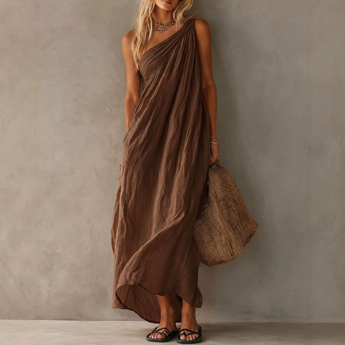 Elegant Flowy One Shoulder Boho Maxi Dress for Sightseeing Trips and Daily Streetwear