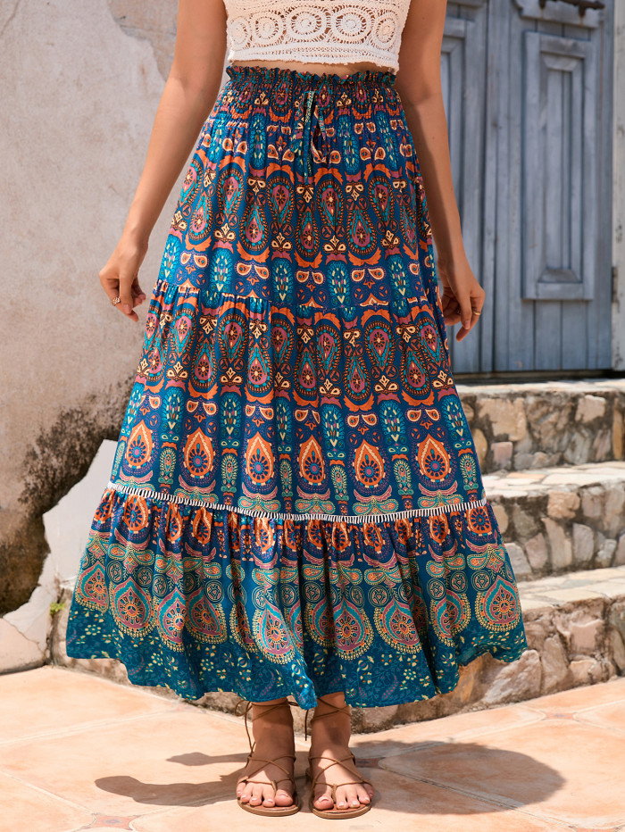 Flowy Printed Loose Maxi Skirt for Beach Parties and Sightseeing Trips