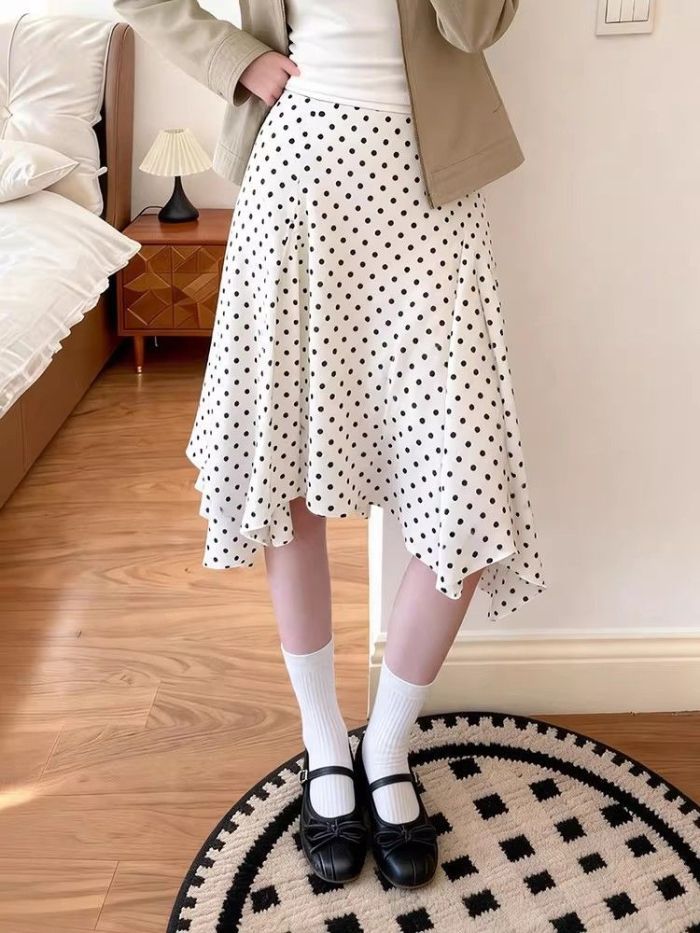 High Waist Irregular Polka Dot Midi Skirt | Spring Summer Retro Casual Women Skirt