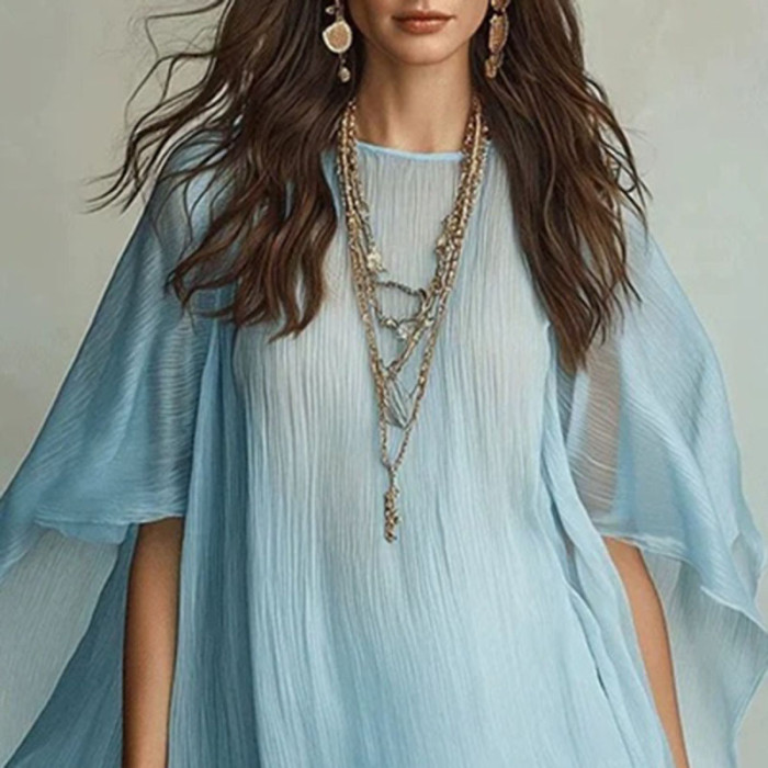 Batwing Sleeve Round Neck Solid A-Line Mini Dress for Beach Vacations and City Strolls
