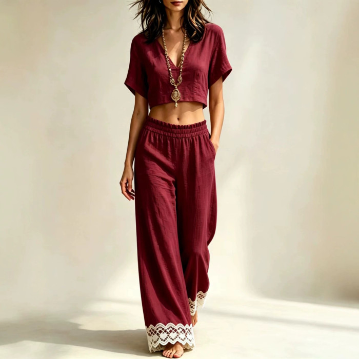 Lace Crop Top & Split Long Pants Two Piece Set | Casual Holiday Women Matching Outfit
