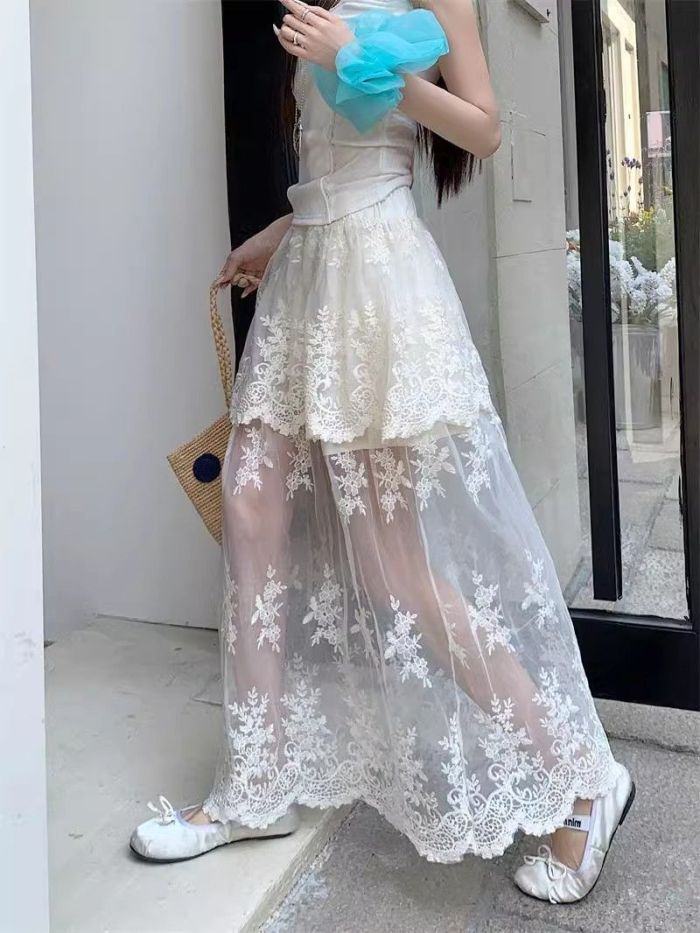 Retro Spliced Mesh Lace A Line Skirt | Summer Daily Youthful Women Skirt