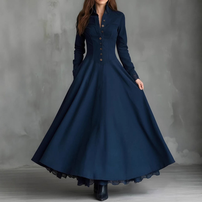French Retro Turn-Down Collar Suede Lace High Waist Long Sleeve Maxi Swing Dress | Elegant Boho Women Outfit