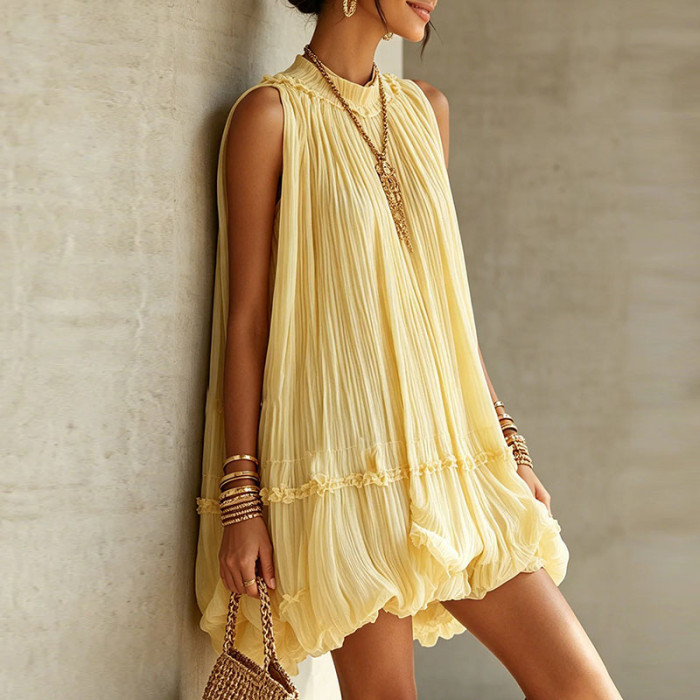 Plain Pleated Resort Mini Dress with Ruffle Details for Poolside Parties and City Strolls