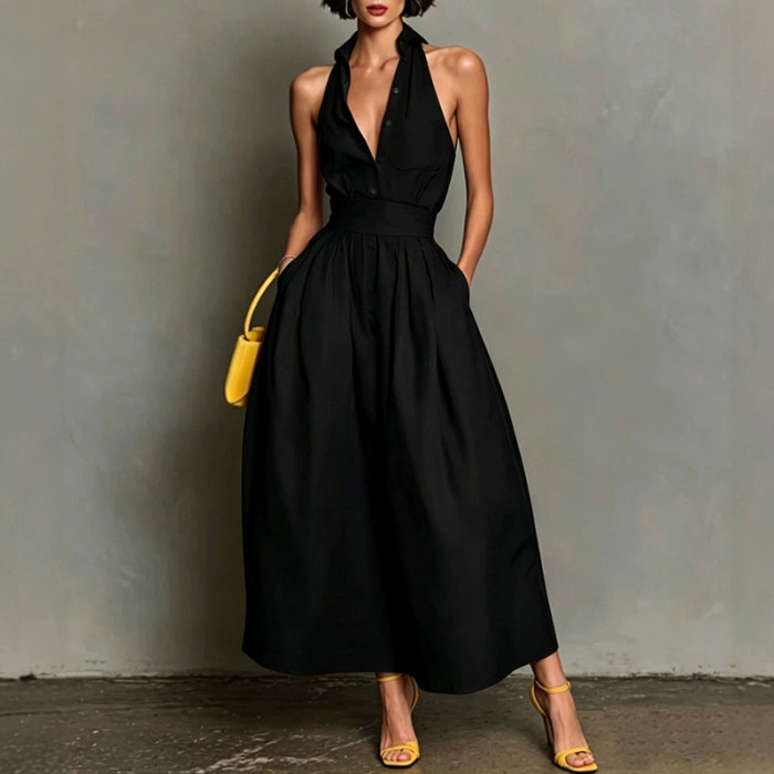 Turn-Down Collar Button Sleeveless Pleated Maxi Dress | Casual Summer Resort Women Dress