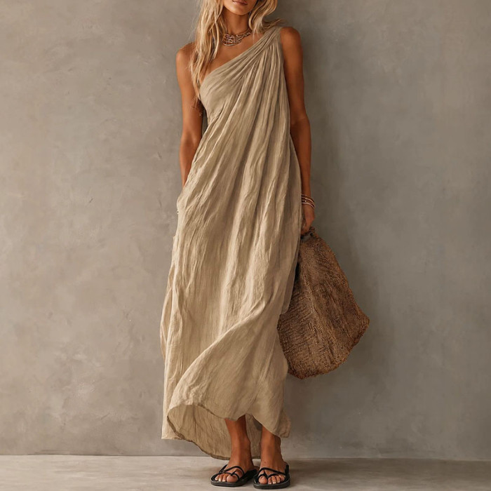 Elegant Flowy One Shoulder Boho Maxi Dress for Sightseeing Trips and Daily Streetwear