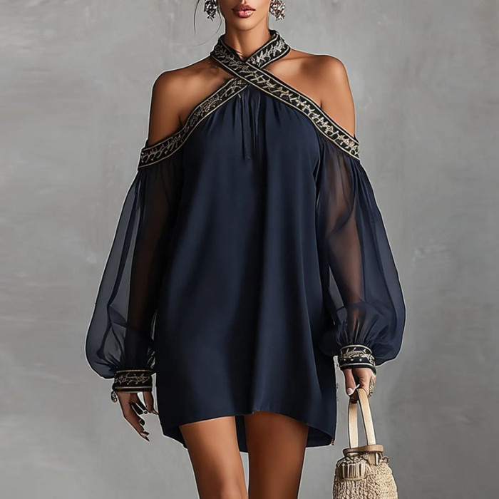 Halter Off Shoulder Embroidery Trim Mini Dress | Beach Club & Boho Holiday Women Outfit