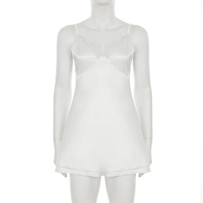 Solid Satin Lace Spliced Backless Spaghetti Strap Dress | Sexy Summer Women Dress