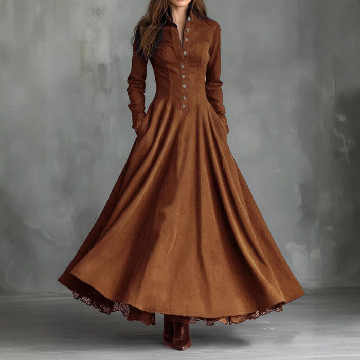 French Retro Turn-Down Collar Suede Lace High Waist Long Sleeve Maxi Swing Dress | Elegant Boho Women Outfit