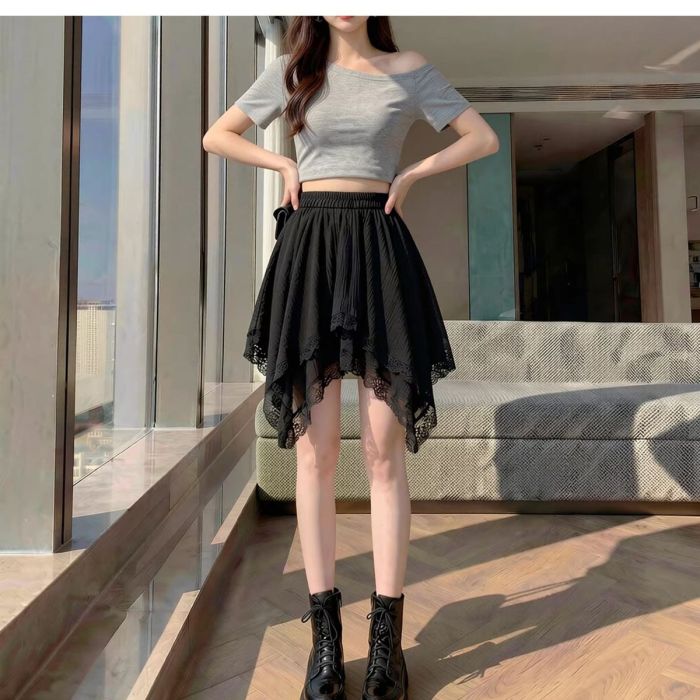 High Waist A-Line Lace Irregular Midi Skirt | Spring Daily Women Skirt